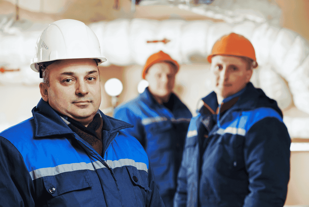 three uniformed plumbers