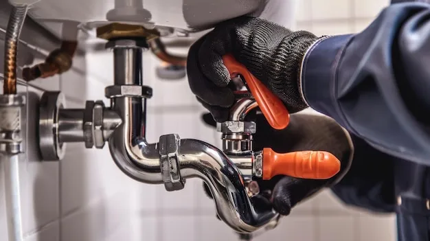 a person's hands in gloves holding a faucet